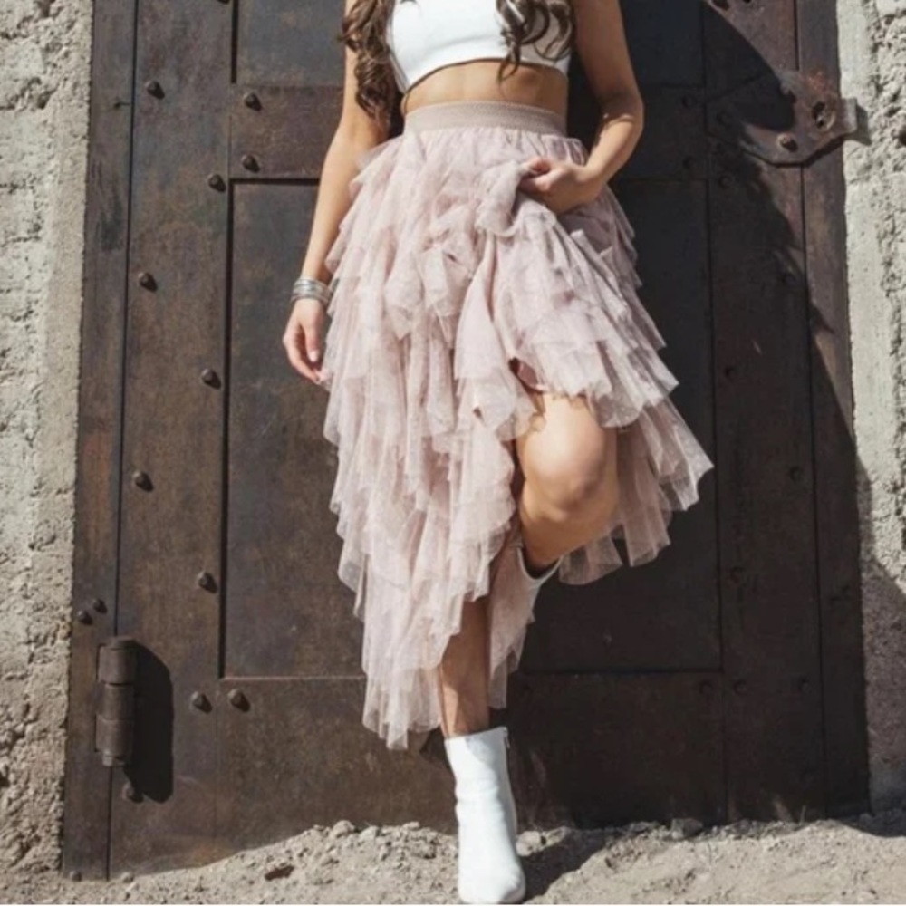 New Dusky Pink Tiered Midi Evening Skirt
